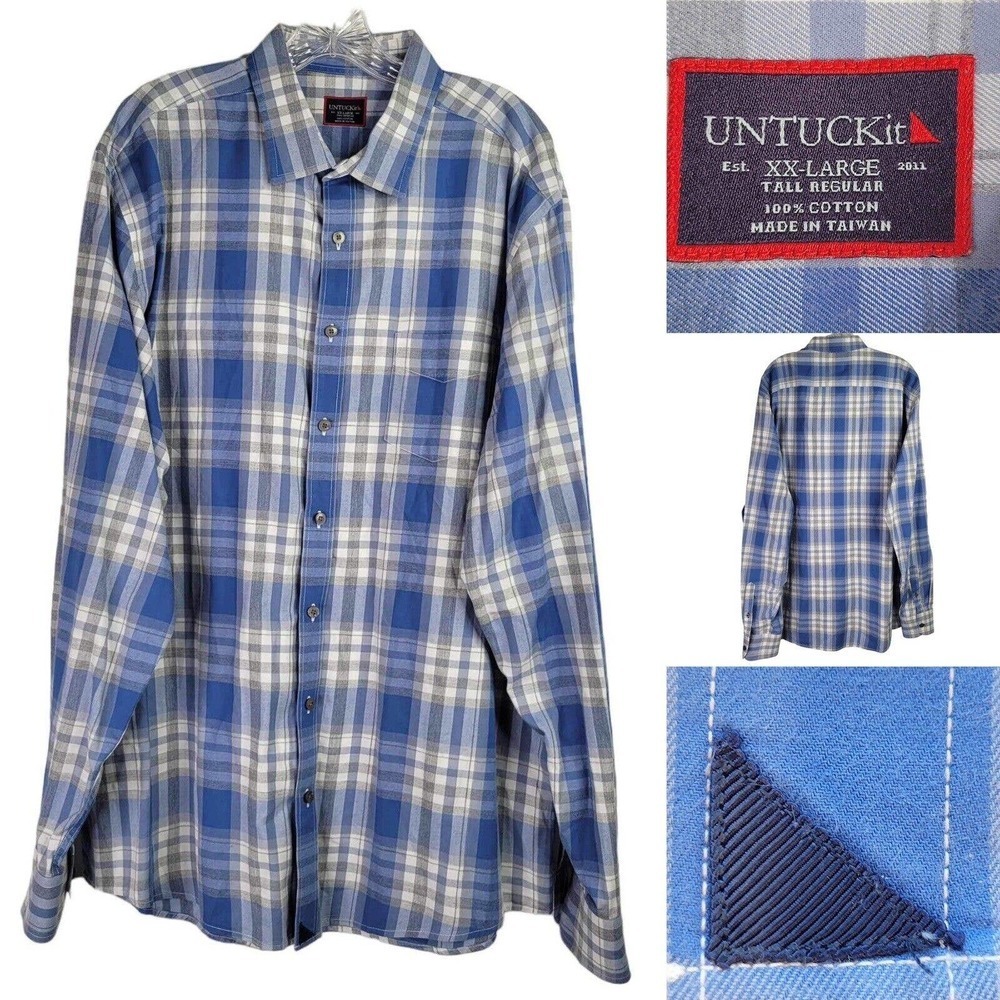 UNTUCKit LS Button Up Shirt Blue Plaid Cotton Mens Big Tall XXL Tall Fiano